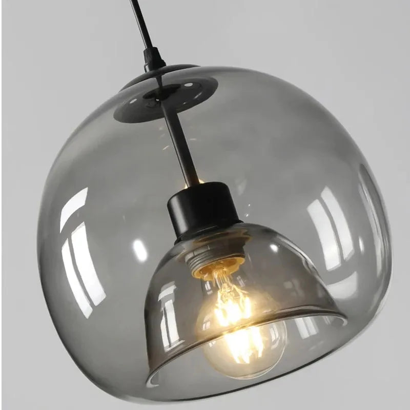 Amber & Smoke Gray Glass Chandelier – Retro Ambient Pendant Light for Dining Room & Bedroom