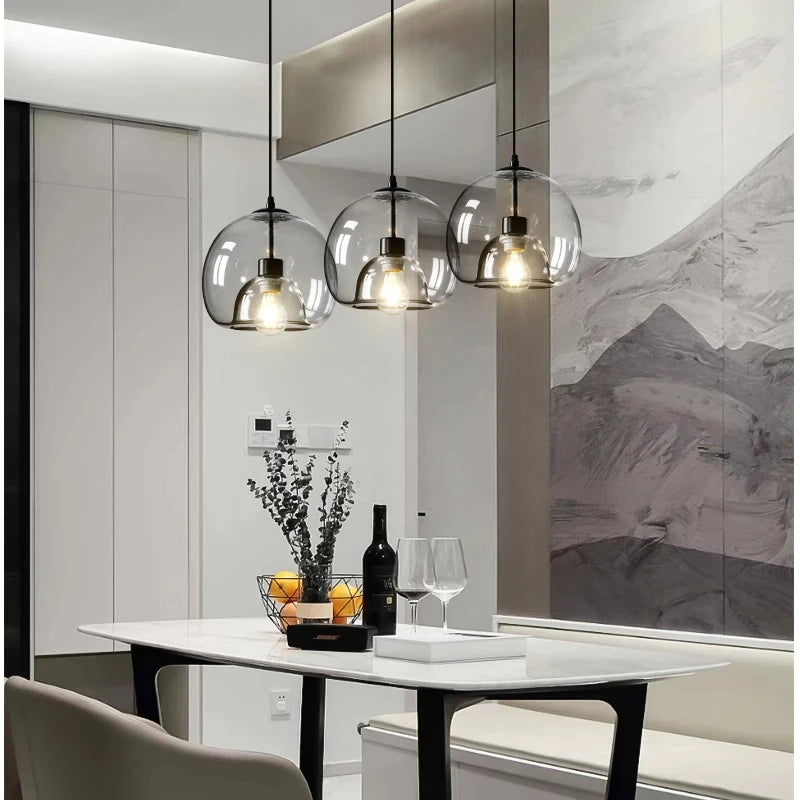 Amber & Smoke Gray Glass Chandelier – Retro Ambient Pendant Light for Dining Room & Bedroom