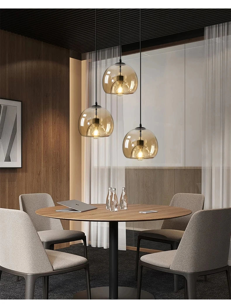 Amber & Smoke Gray Glass Chandelier – Retro Ambient Pendant Light for Dining Room & Bedroom