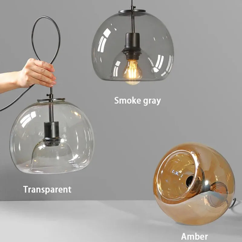 Amber & Smoke Gray Glass Chandelier – Retro Ambient Pendant Light for Dining Room & Bedroom